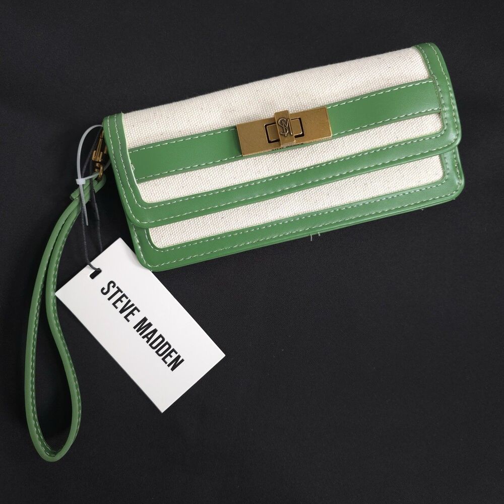STEVE MADDEN New BBELTY Canvas 100% Cotton Natural Wallet Green Trim Snap Zip